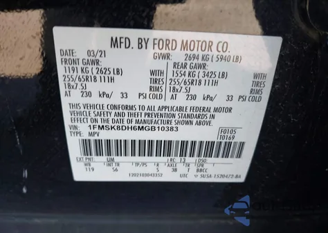 2021 Ford Explorer Xlt from USA, damaged, VIN 1FMSK8DH6MGB10383